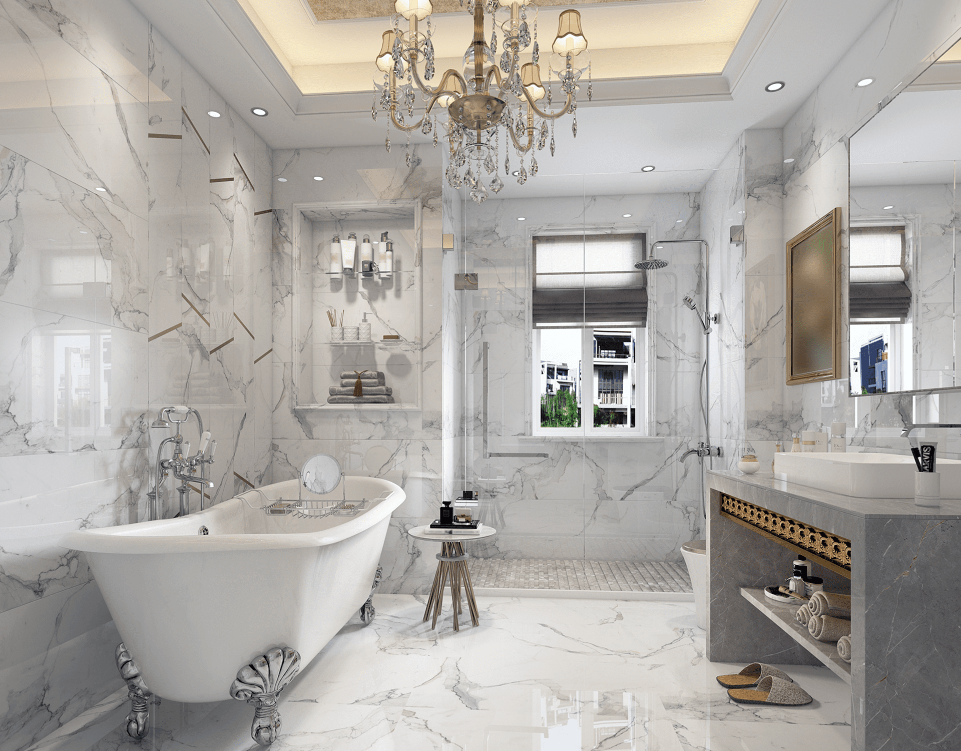 Luxurious marble bathroom with chandelier